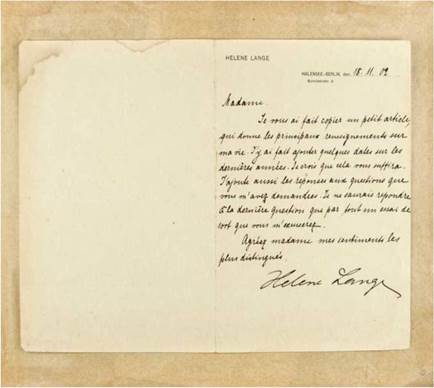 Correspondencia de la feminista alemana Helene Lange con Aurora C&aacute;ceres (Berl&iacute;n, noviembre de 1902)